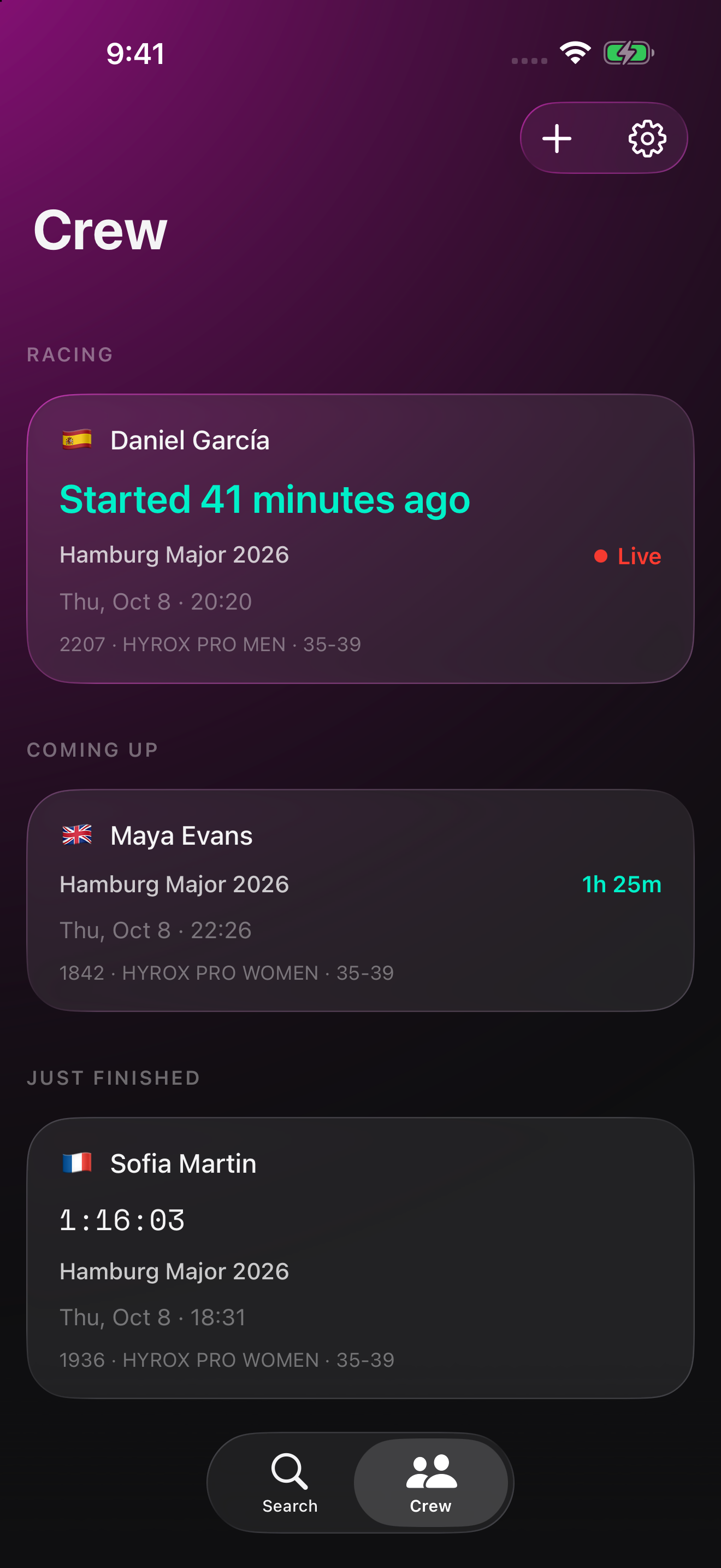 Crew screen showing upcoming start times and race statuses